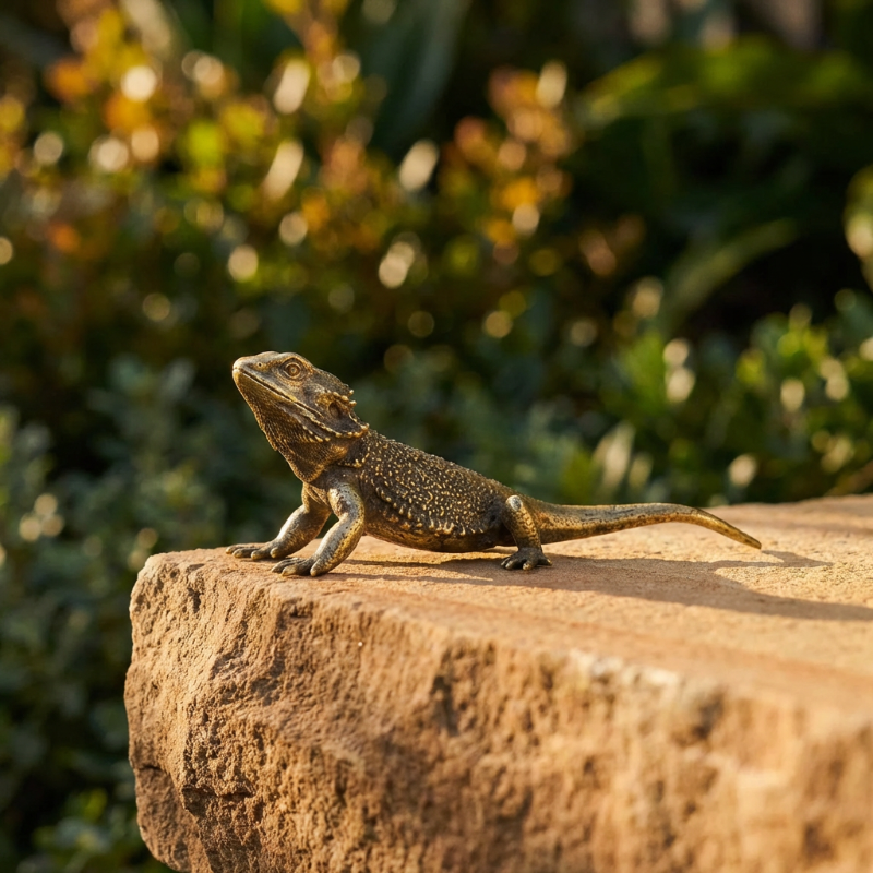 Brass lizard figurine on a rock outdoors