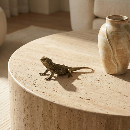 Brass lizard figurine on round stone surface