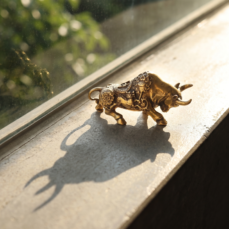 Brass lucky bullfighting figurine on windowsill in sunlight