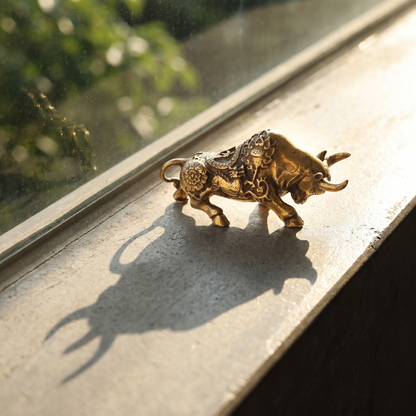Brass lucky bullfighting figurine on windowsill in sunlight