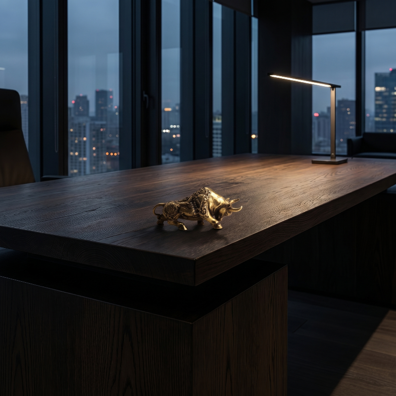 Brass lucky bullfighting figurine on dark wood table in modern interior