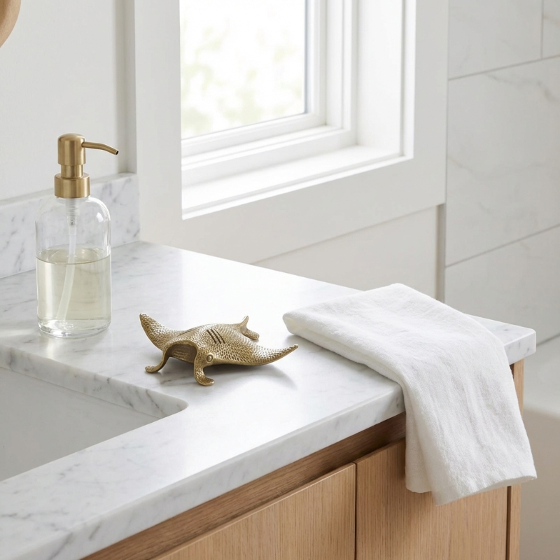Brass manta ray on a bathroom counter with marble countertop.