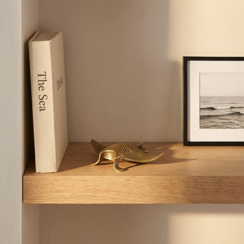 Brass Manta Ray on a wooden shelf with a book titled 'The Sea'.