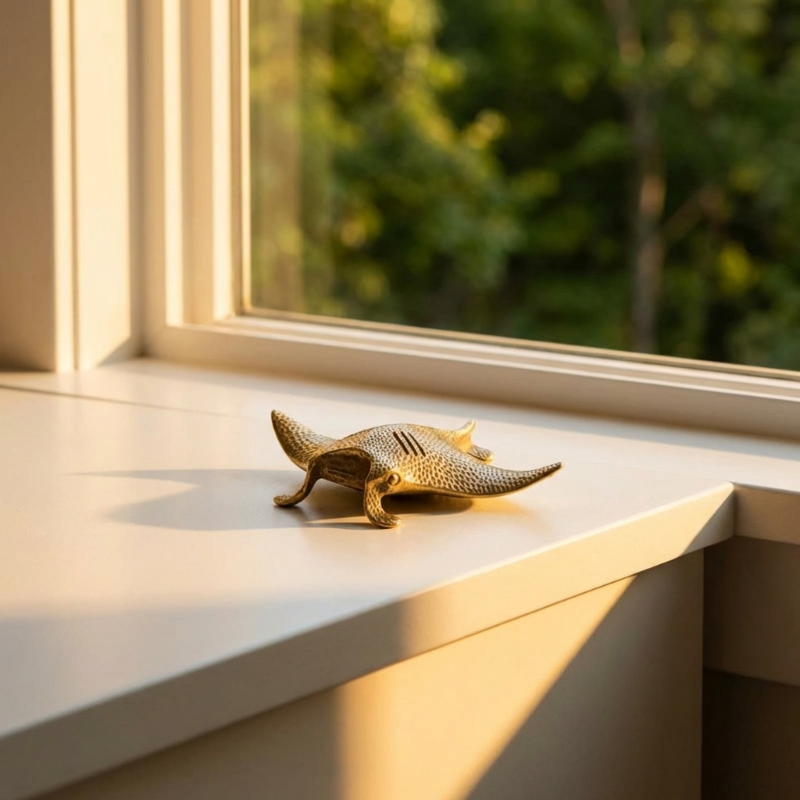 Gold manta ray figurine on a windowsill with sunlight and blurred greenery in the background