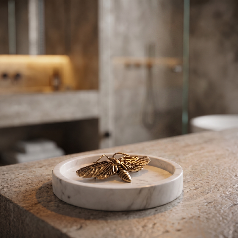 Brass moth sculpture on stone dish in neutral interior