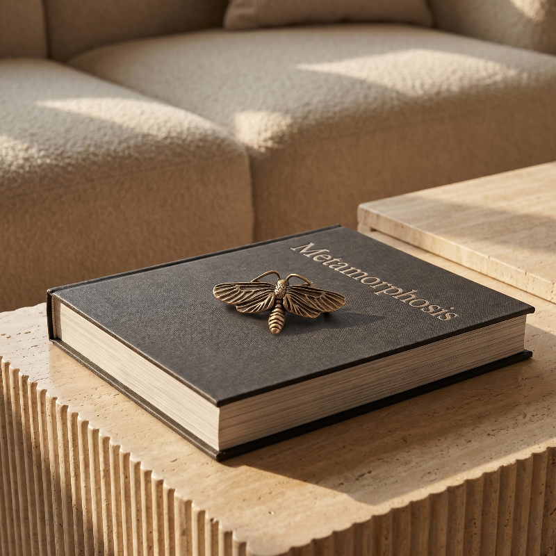 Brass moth sculpture on stacked books in warm natural light