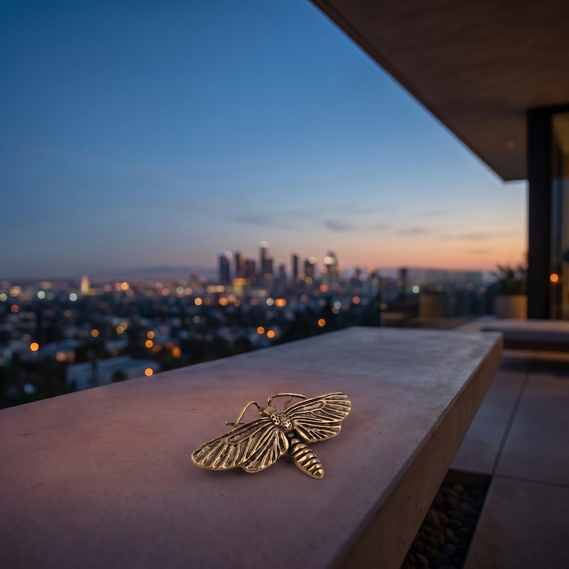 Brass moth sculpture on rooftop ledge at dusk