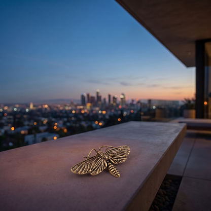 Brass moth sculpture on rooftop ledge at dusk