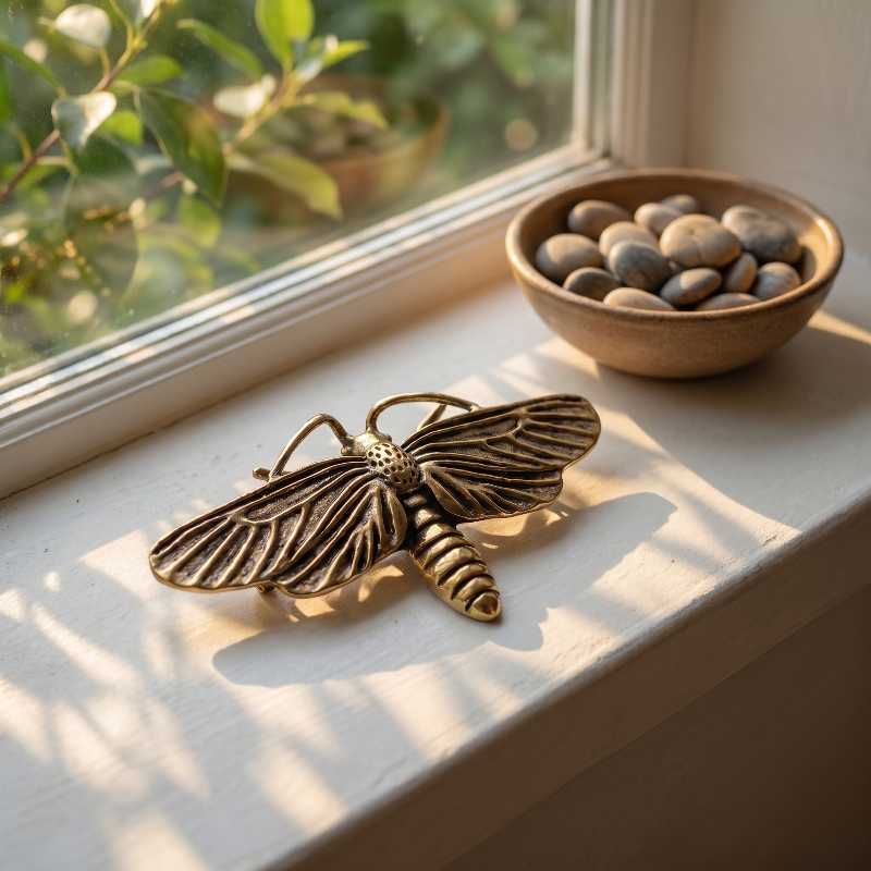 Brass moth sculpture on windowsill beside dish in sunlight
