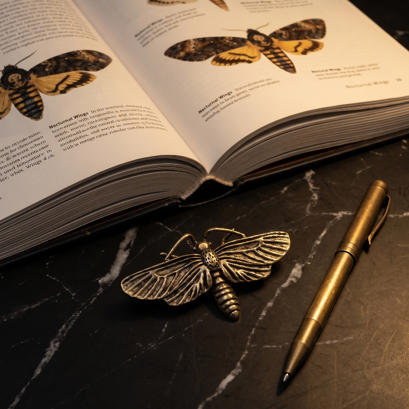 Brass moth sculpture beside open book and pen on dark marble surface