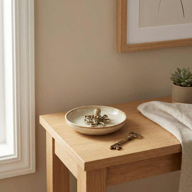 Brass octopus decor piece styled on a shelf with neutral tones.