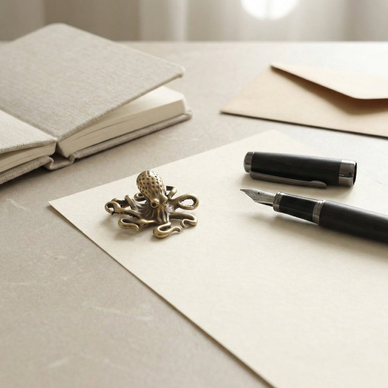 Brass octopus sculpture with detailed tentacles displayed on a tabletop.