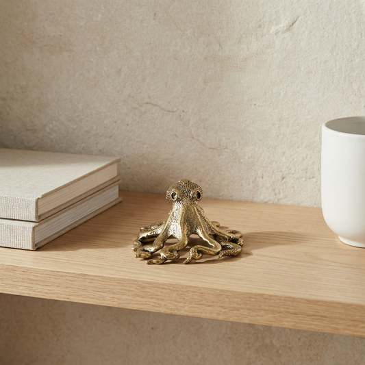 Brass octopus figurine on a wooden surface with books and a white cup in the background.