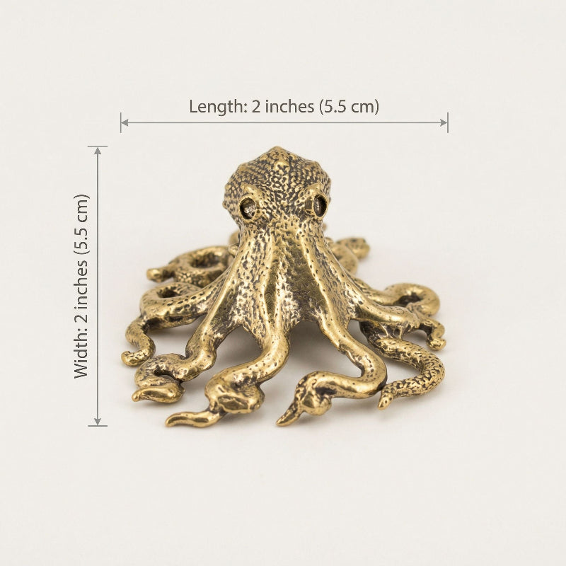 Bronze octopus figurine with dimensions on a white background