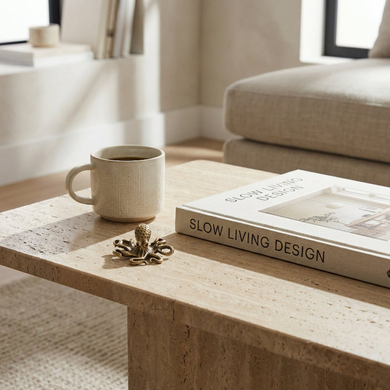 Brass octopus sculpture styled on a coffee table as a modern coastal decor accent.