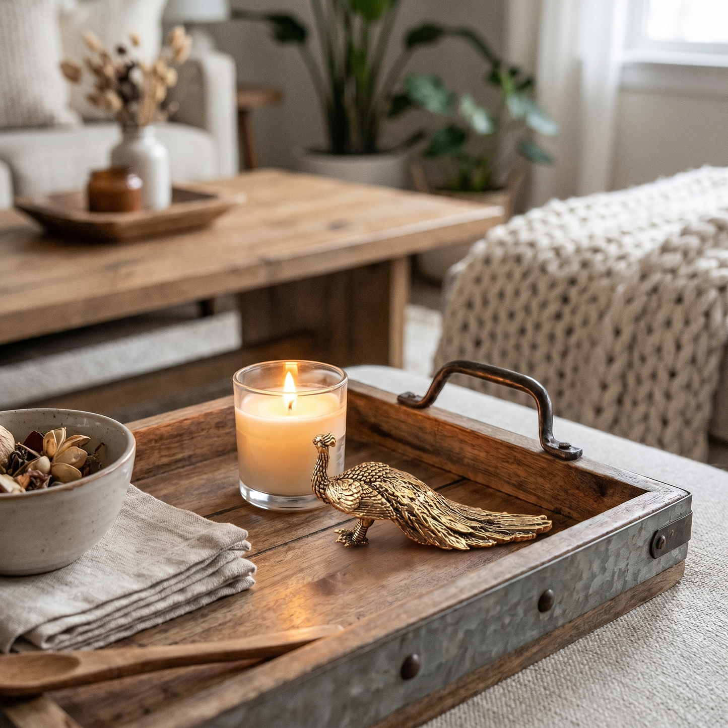 Brass peacock figurine Style A on a coffee table tray beside a candle