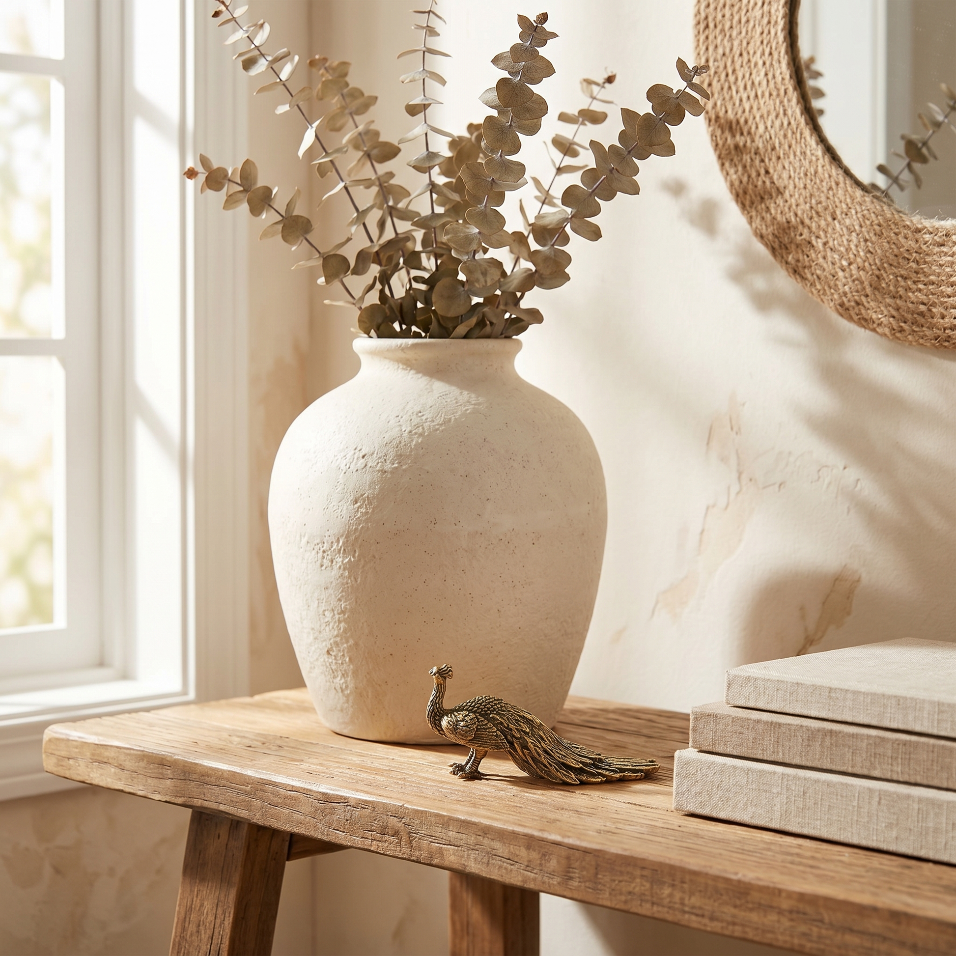Brass peacock figurine Style A styled on a console table beside a vase and books