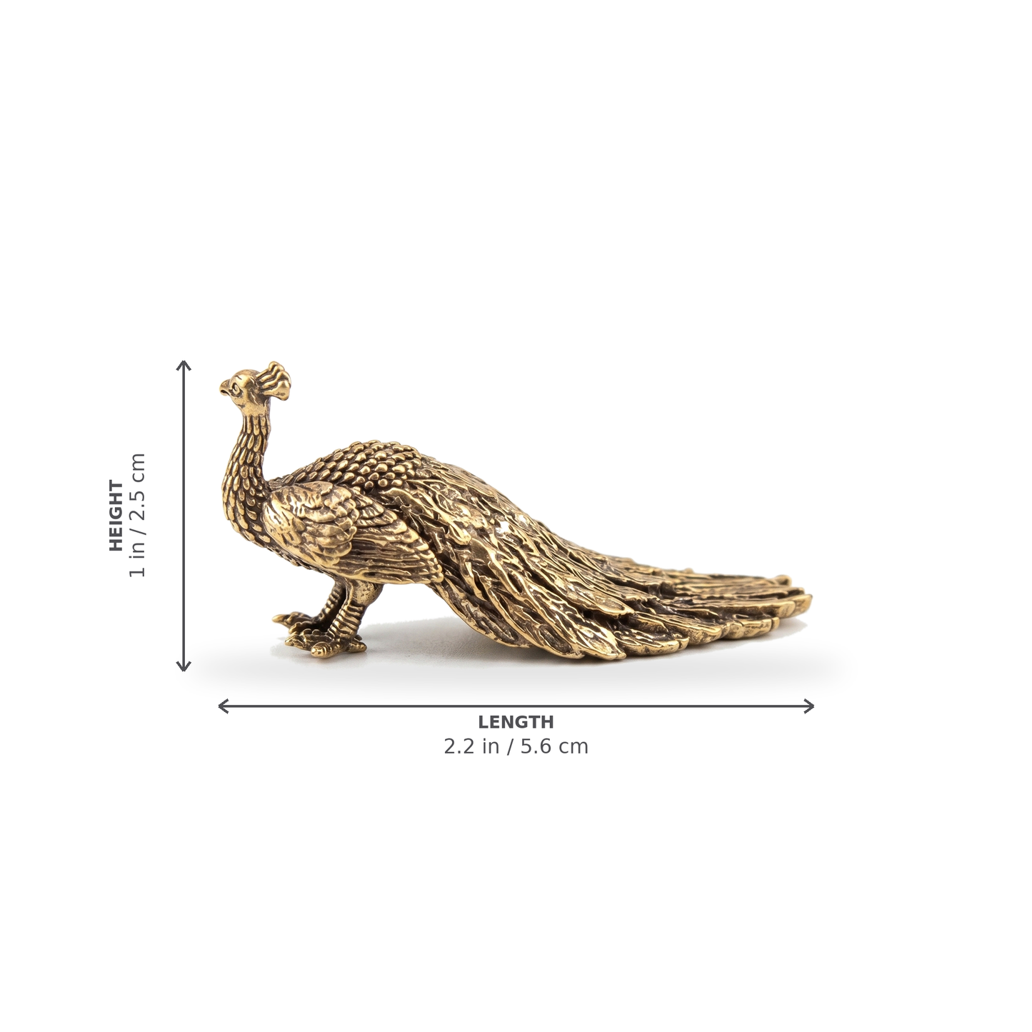 Brass peacock figurine Style A dimensions: length 2.2 in / 5.6 cm, height 1 in / 2.5 cm