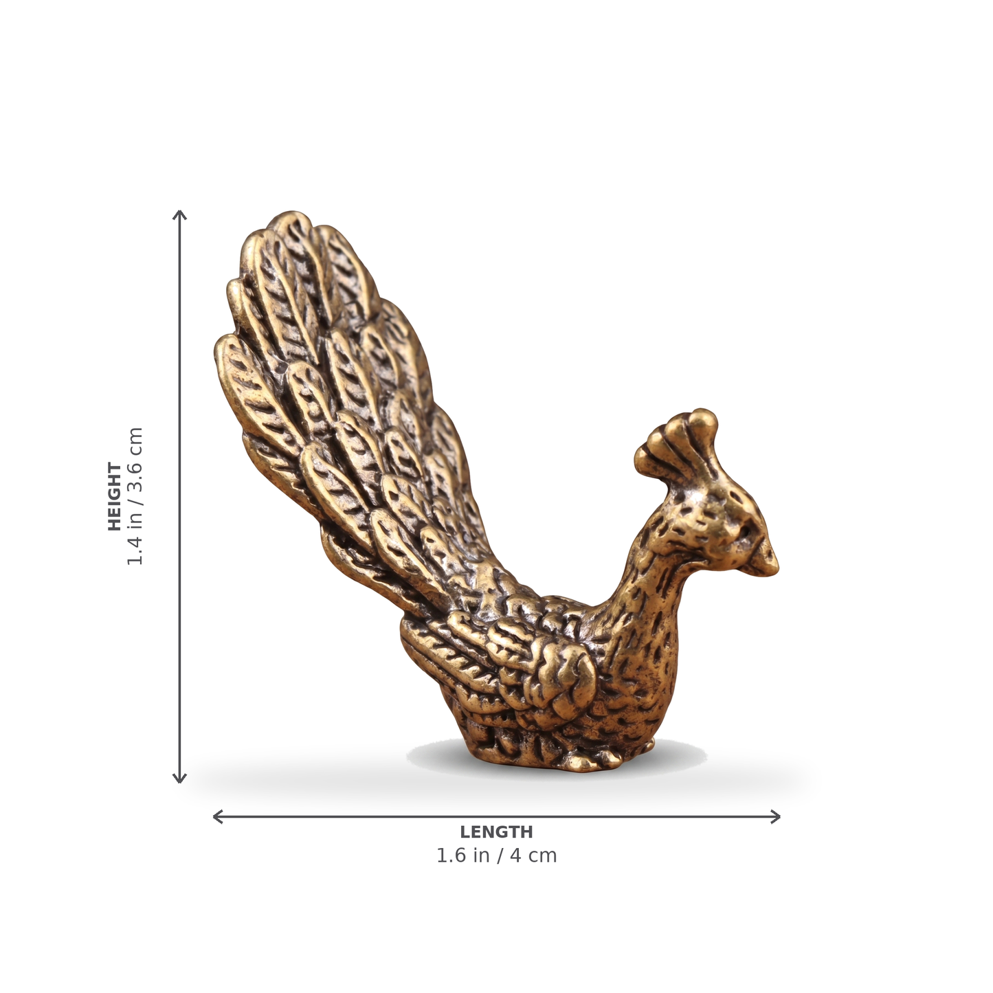 Brass peacock figurine Style B dimensions: length 1.6 in / 4 cm, height 1.4 in / 3.6 cm