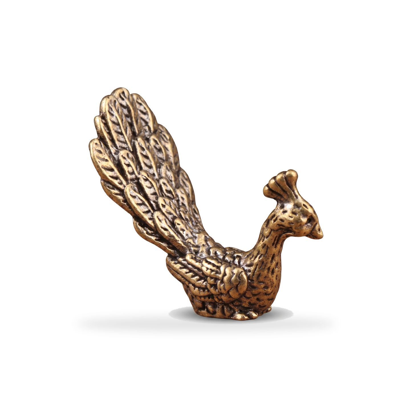 Brass peacock figurine Style B on a clean white background, e-commerce hero shot