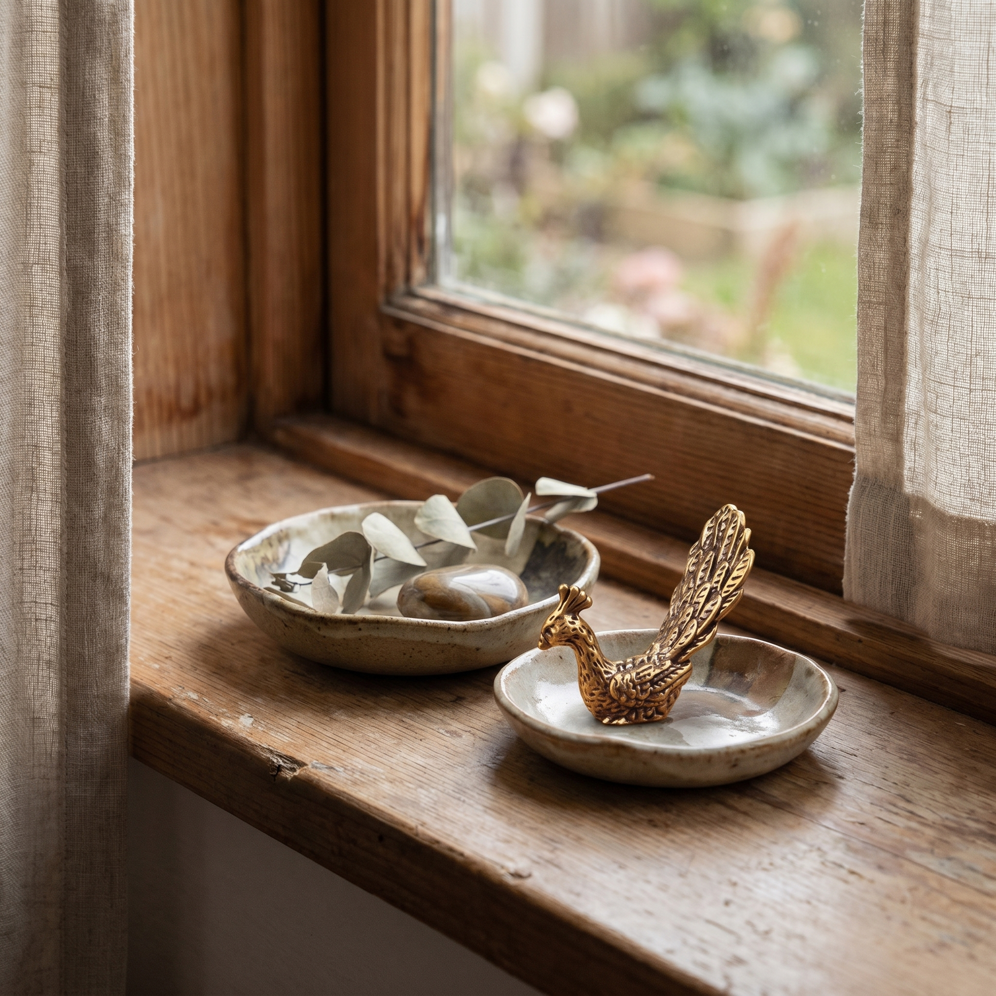 Brass peacock figurine Style B on a windowsill in soft natural light