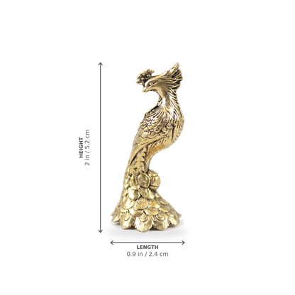Brass peacock figurine Style C dimensions: length 0.9 in / 2.4 cm, height 2 in / 5.2 cm