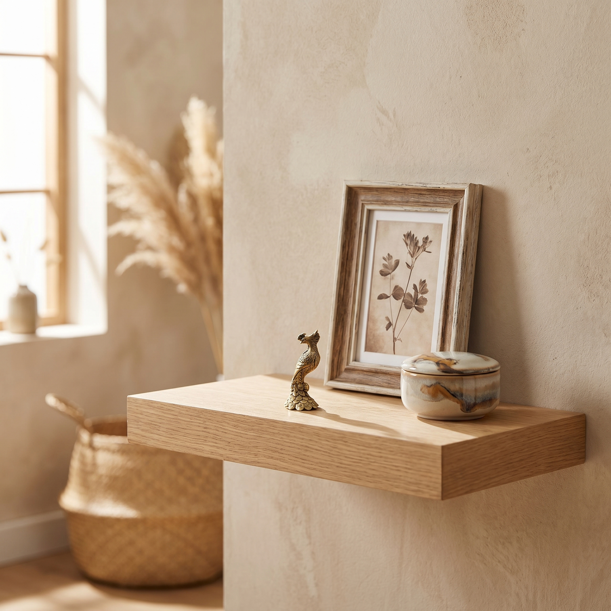 Brass peacock figurine Style C on a floating wall shelf beside framed art