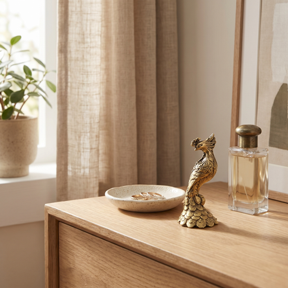 Brass peacock figurine Style C on a vanity beside a jewelry dish and perfume bottle