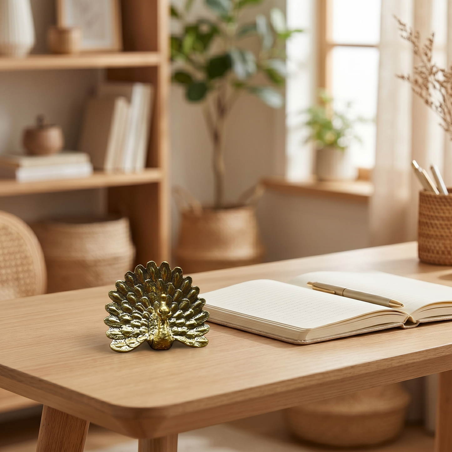 Brass peacock figurine Style D on a writing desk beside an open notebook