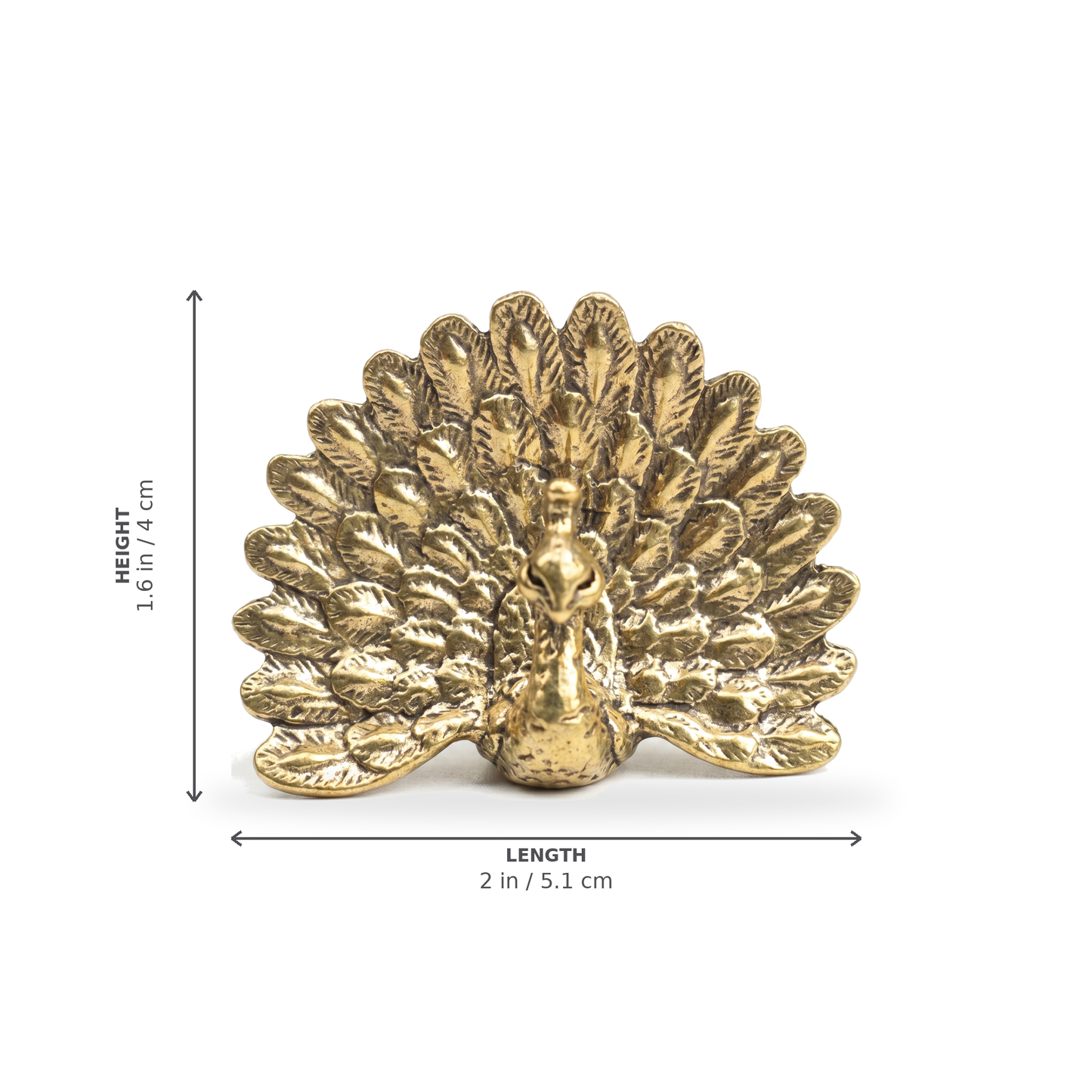 Brass peacock figurine Style D dimensions: length 2 in / 5.1 cm, height 1.6 in / 4 cm