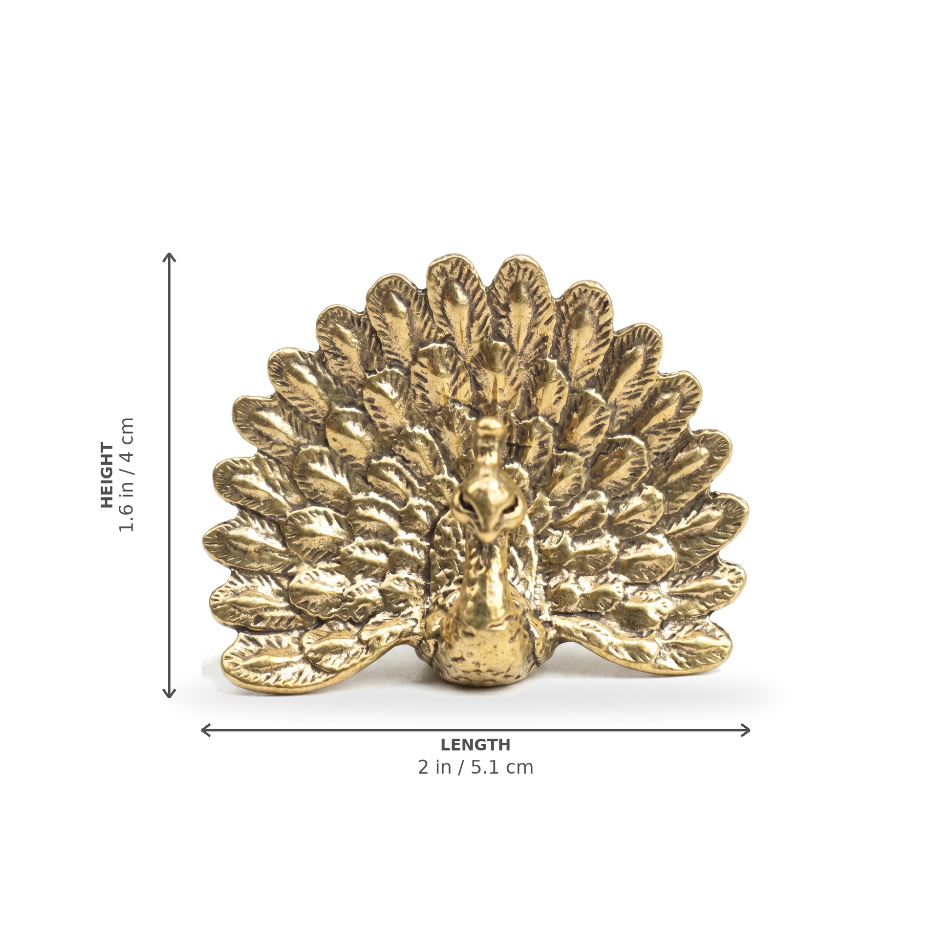 Brass peacock figurine Style D dimensions: length 2 in / 5.1 cm, height 1.6 in / 4 cm