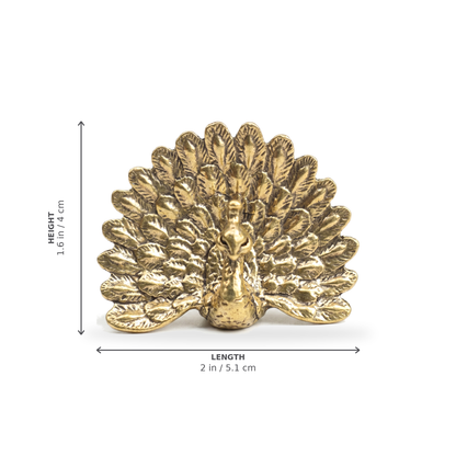Brass peacock figurine Style D dimensions: length 2 in / 5.1 cm, height 1.6 in / 4 cm