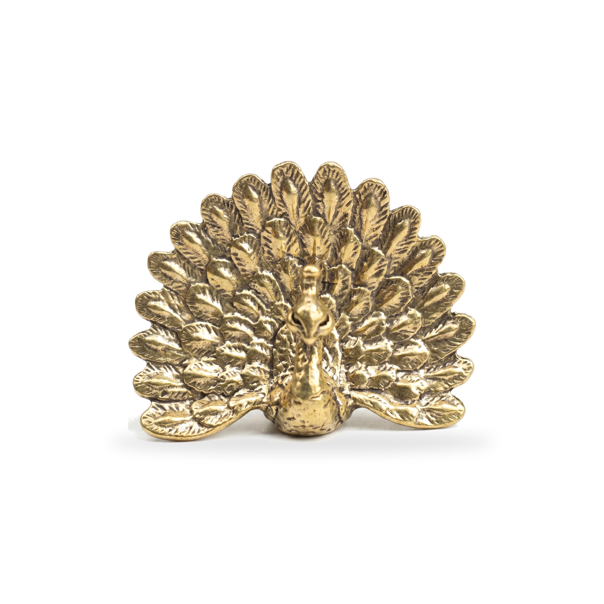 Brass peacock figurine Style D on a clean white background, e-commerce hero shot