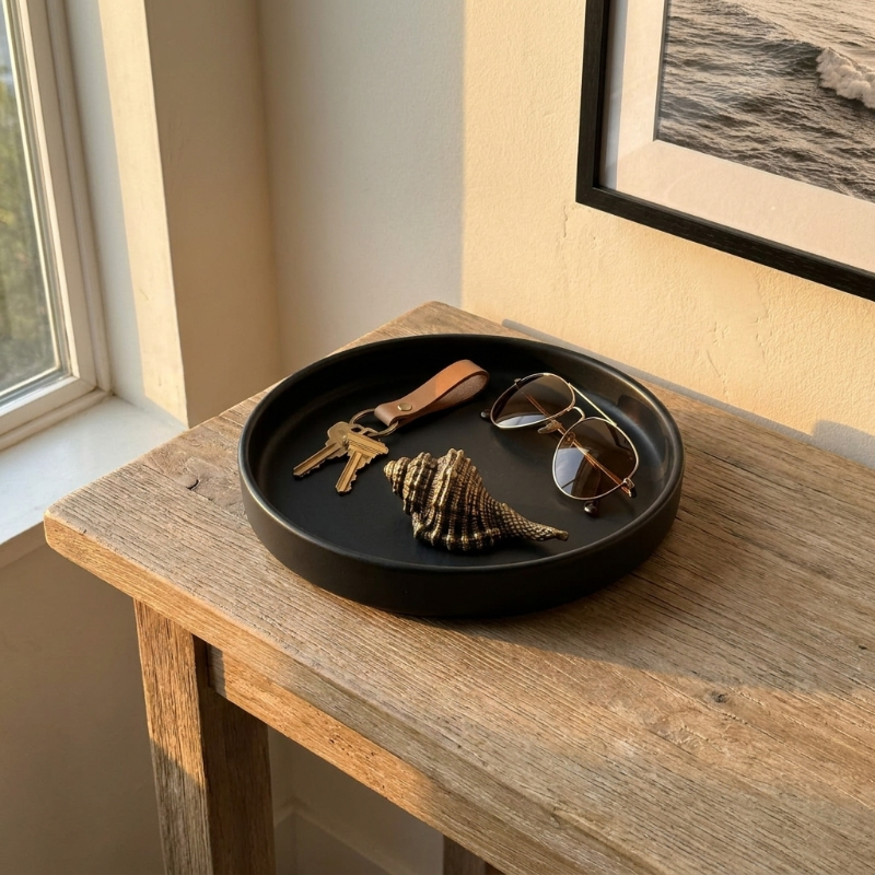 Brass seashell figurine on wooden side table with tray