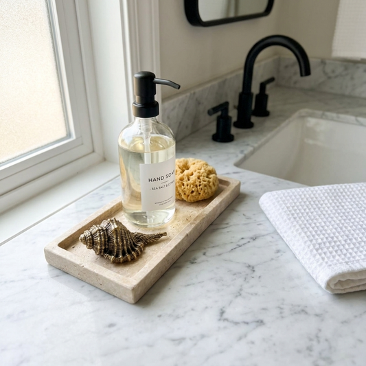 Brass seashell figurine on bathroom tray beside soap dispenser