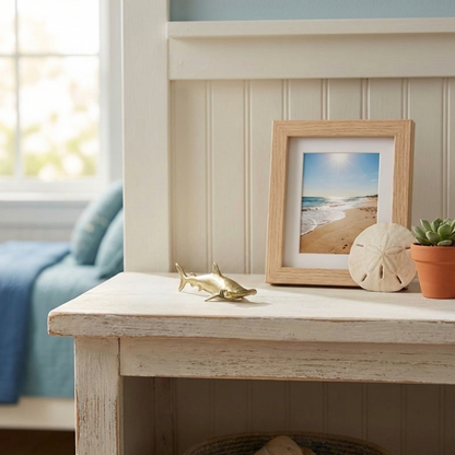 Brass hammerhead shark figurine on bedside table with framed photo