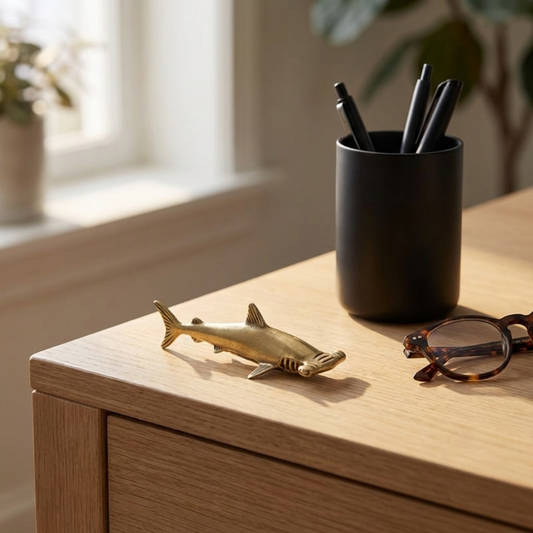 Brass hammerhead shark figurine on wooden desk beside pen holder