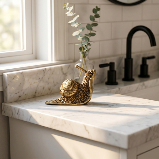 Brass snail figurine on marble bathroom counter beside eucalyptus stem