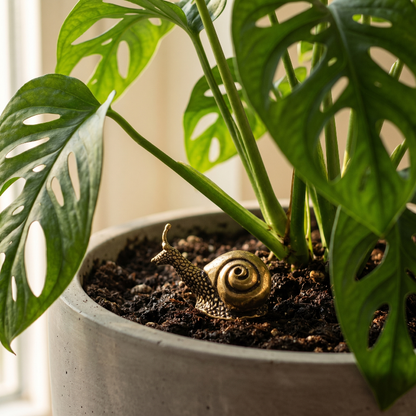Brass snail figurine in plant pot with leafy greenery