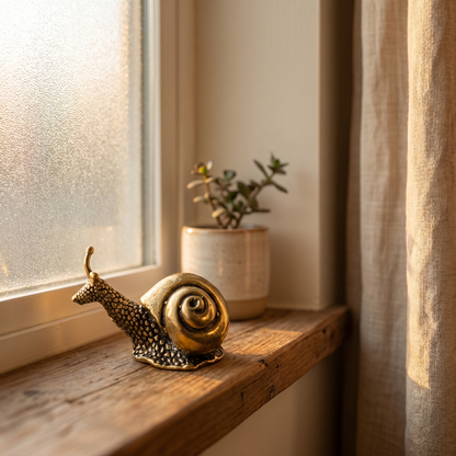 Brass snail figurine on windowsill in warm natural light