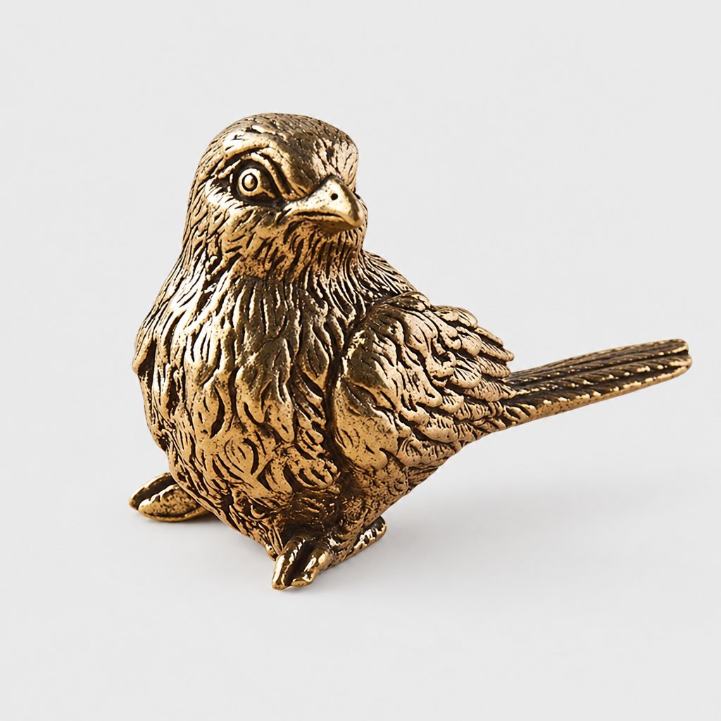 Close-up of an antiqued brass sparrow figurine with detailed feather texture on a light grey background