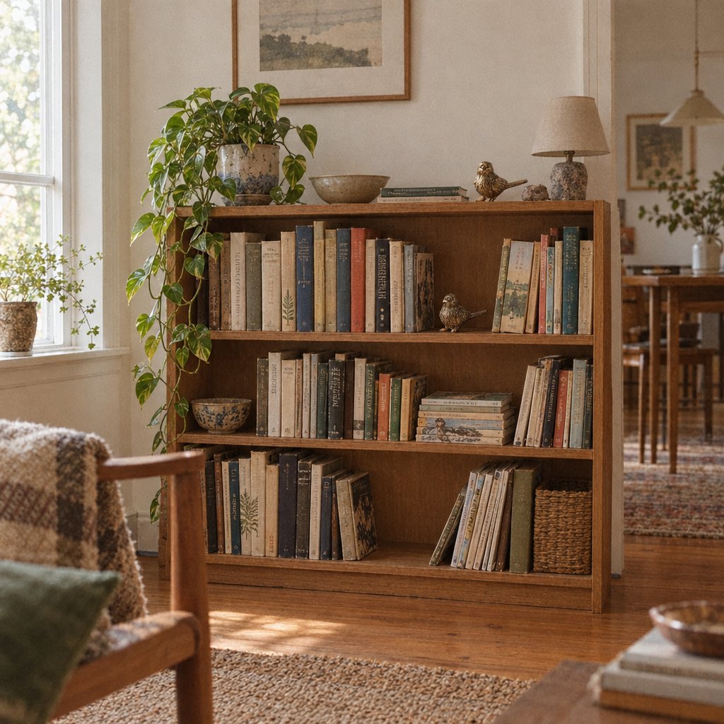 Two brass sparrow figurines, one on top of a wooden bookshelf and one on a shelf among books, beside a trailing plant and framed landscape