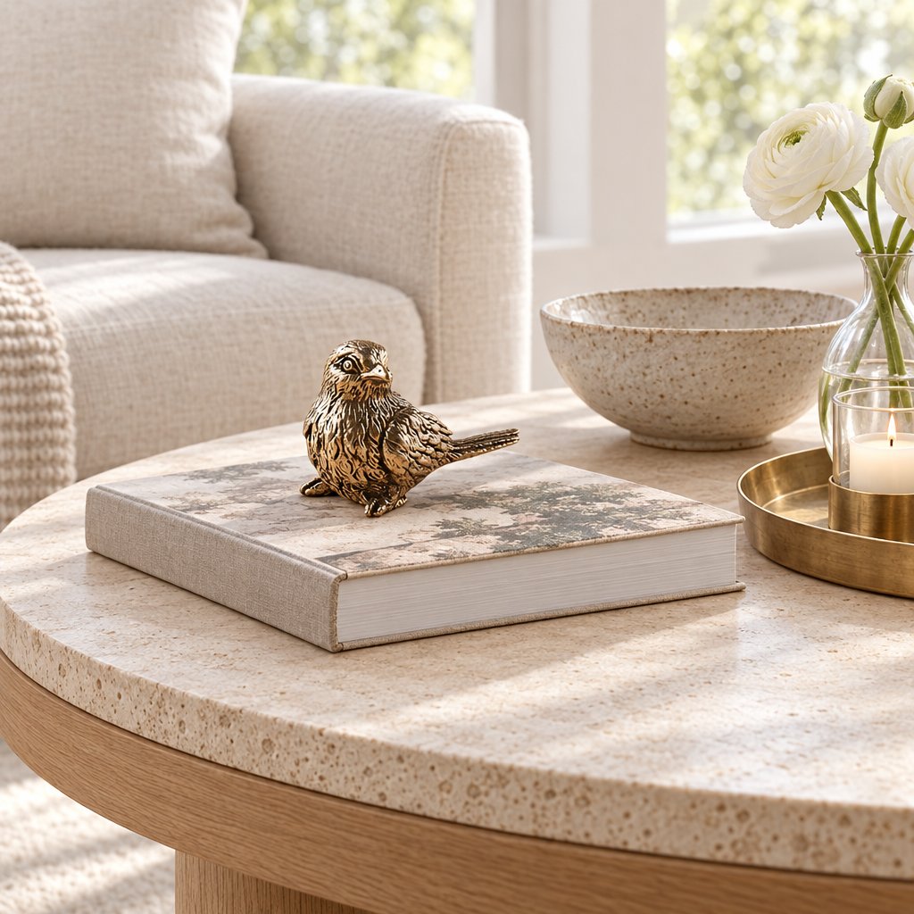 Antiqued brass sparrow figurine perched on a linen-covered book on a round stone coffee table beside a speckled bowl, white flowers and a lit candle