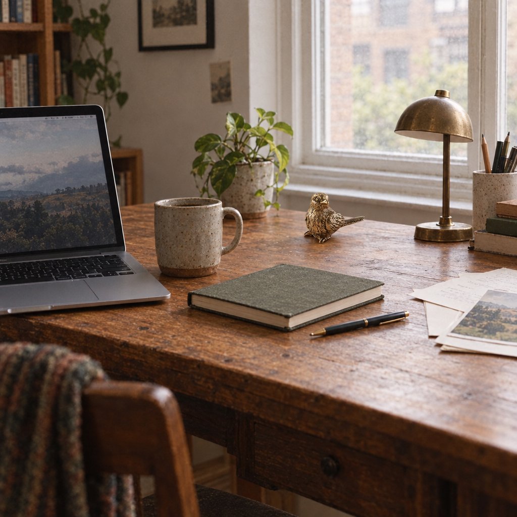 Small brass sparrow figurine on a wooden desk beside an open laptop, a brass desk lamp, a mug and a potted plant
