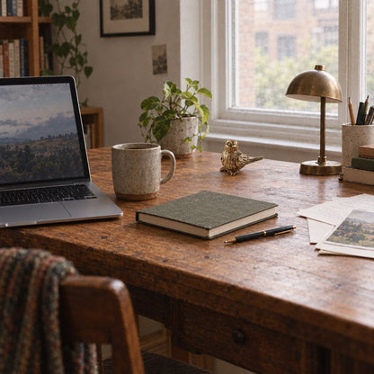 Small brass sparrow figurine on a wooden desk beside an open laptop, a brass desk lamp, a mug and a potted plant