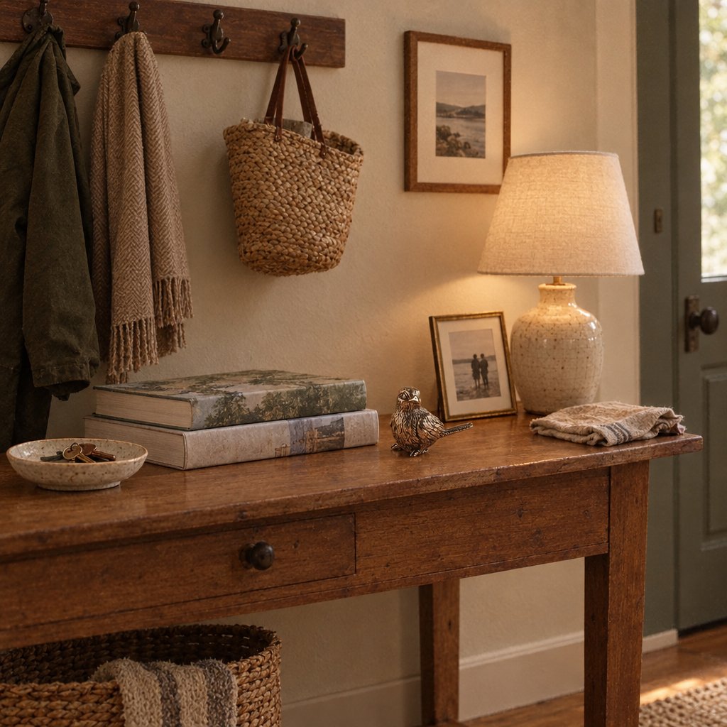 Brass sparrow figurine on a rustic wooden entryway console beside books, a key dish and a lamp, with coat hooks on the wall behind