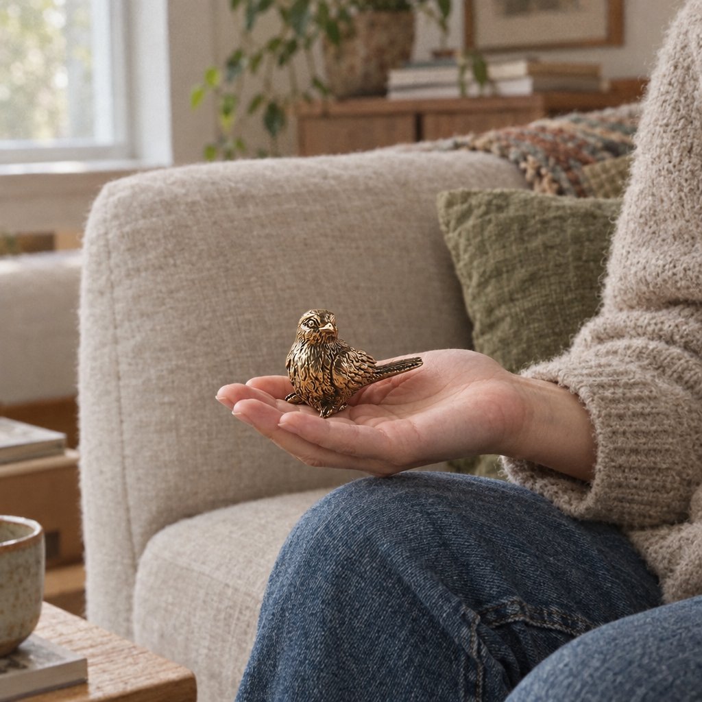 Brass sparrow figurine resting on an open palm, held by a person seated in a cream armchair