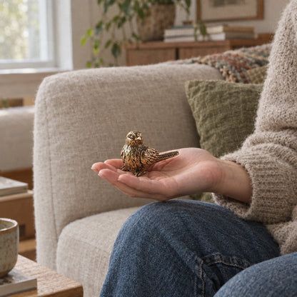 Brass sparrow figurine resting on an open palm, held by a person seated in a cream armchair