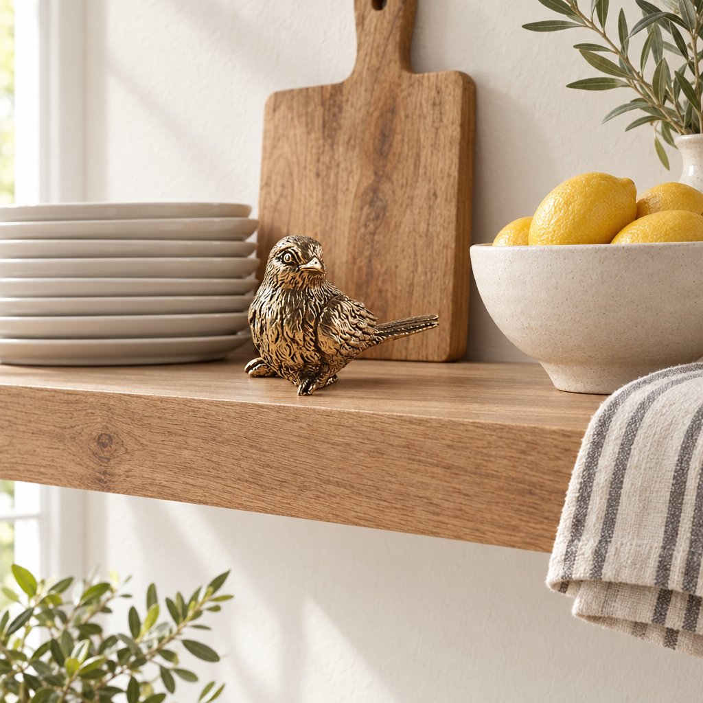 Brass sparrow figurine on a wooden kitchen shelf beside stacked white plates, a cutting board and a bowl of lemons