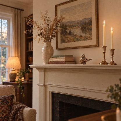 Brass sparrow figurine on a white mantel beside a stack of books and brass candlesticks with lit cream tapers